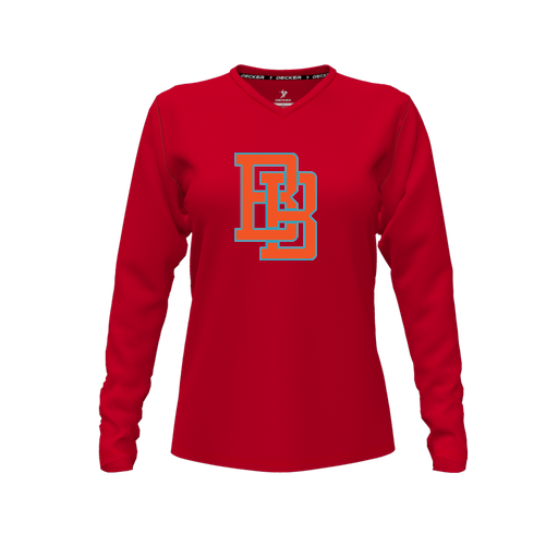 [FTLVCFRD-FYXS-LOGO1] Decker Comfort T-Shirt (Female Youth XS, Red, V Neck, Logo 1, Long Sleeve)